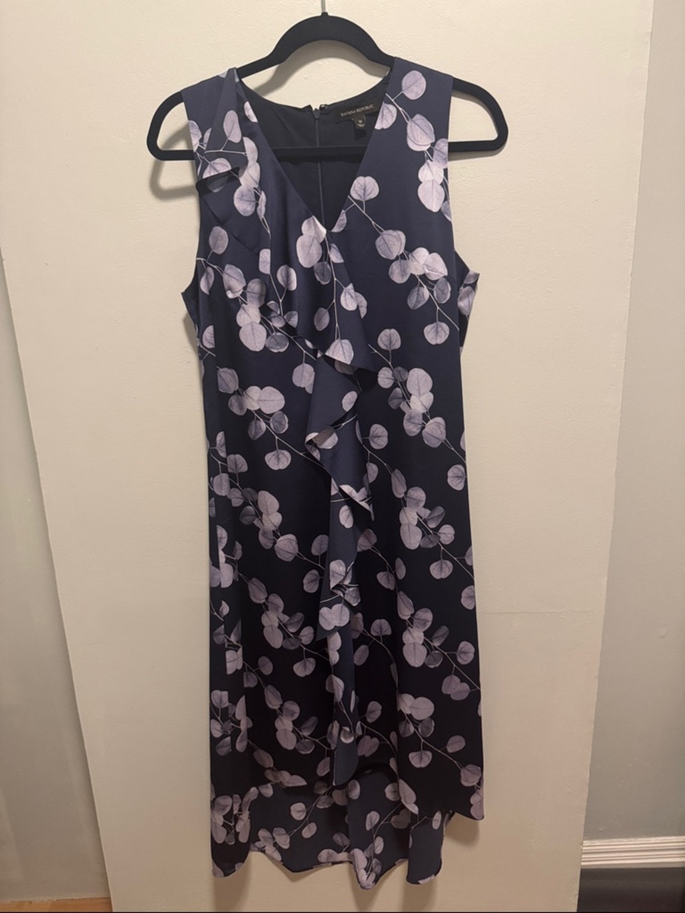 Ann Taylor Navy Floral Ruffle Midi Dress with Lavender Accents